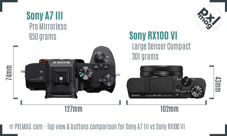 Sony A7 III vs Sony RX100 VI top view buttons comparison
