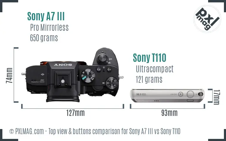 Sony A7 III vs Sony T110 top view buttons comparison