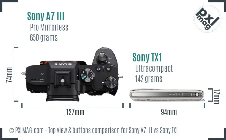 Sony A7 III vs Sony TX1 top view buttons comparison