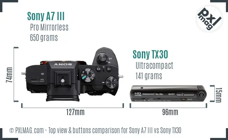 Sony A7 III vs Sony TX30 top view buttons comparison