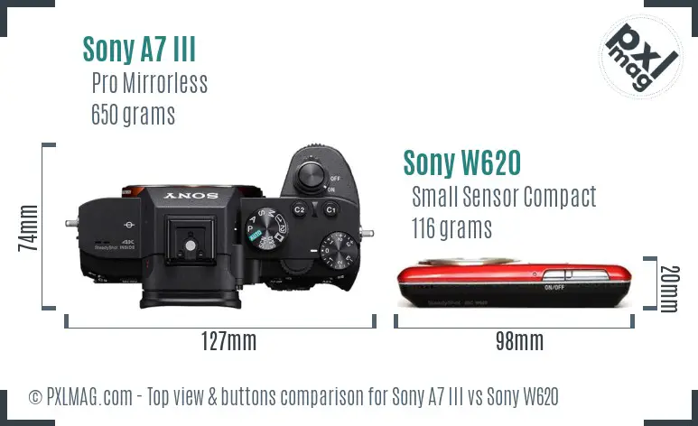 Sony A7 III vs Sony W620 top view buttons comparison