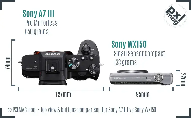 Sony A7 III vs Sony WX150 top view buttons comparison
