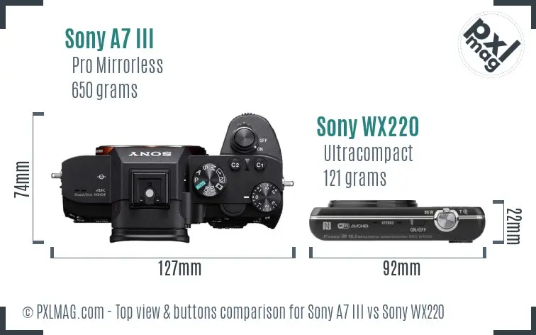 Sony A7 III vs Sony WX220 top view buttons comparison