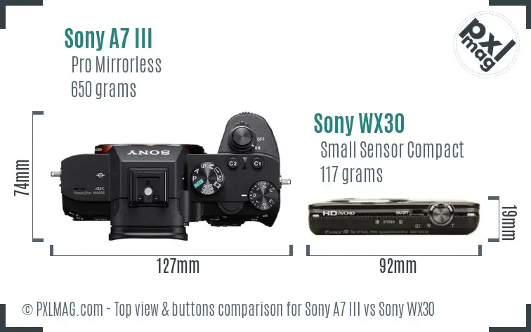 Sony A7 III vs Sony WX30 top view buttons comparison