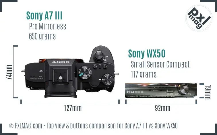 Sony A7 III vs Sony WX50 top view buttons comparison