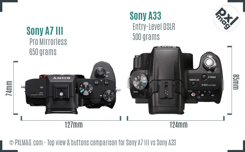 Sony A7 III vs Sony A33 top view buttons comparison