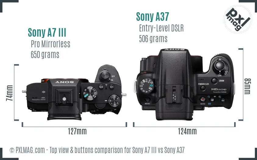 Sony A7 III vs Sony A37 top view buttons comparison