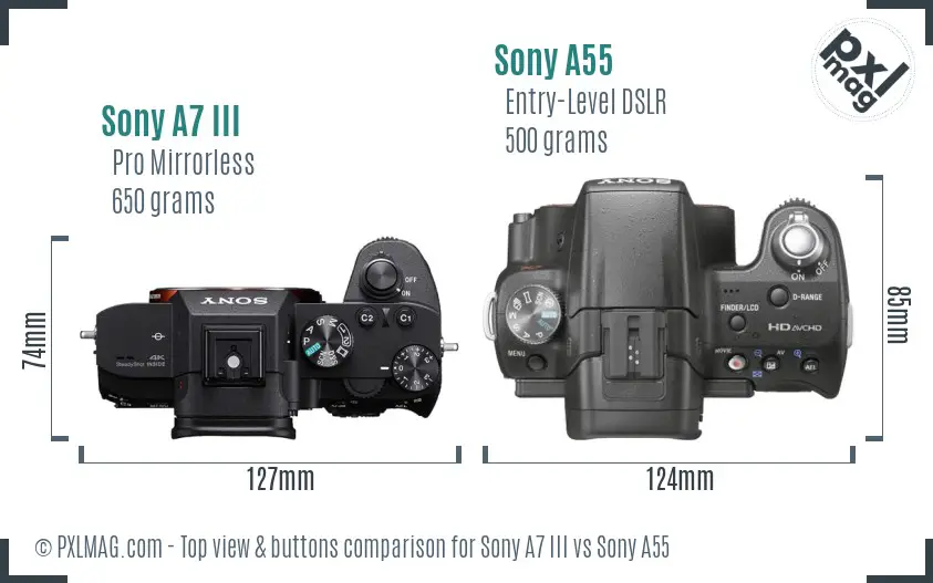 Sony A7 III vs Sony A55 top view buttons comparison