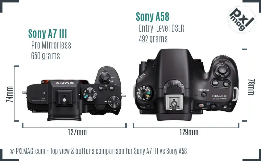 Sony A7 III vs Sony A58 top view buttons comparison