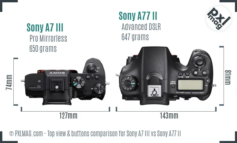 Sony A7 III vs Sony A77 II top view buttons comparison