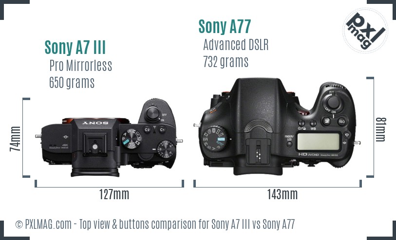 Sony A7 III vs Sony A77 top view buttons comparison