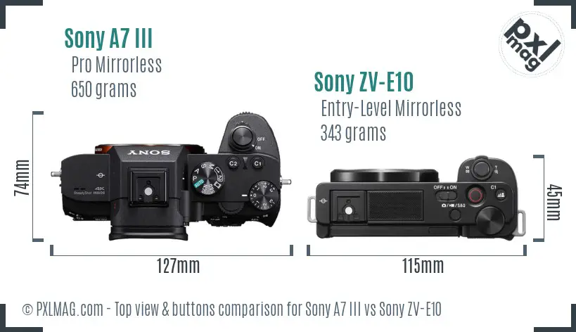 Sony A7 III vs Sony ZV-E10 top view buttons comparison