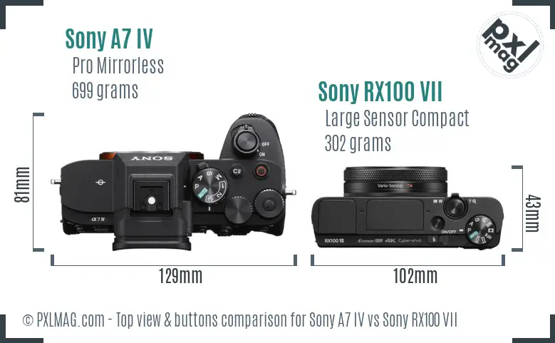 Sony A7 IV vs Sony RX100 VII top view buttons comparison Sony A7 IV vs Sony RX100 VII top view buttons comparison