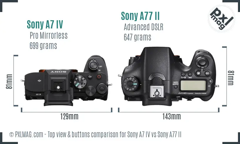 Sony A7 IV vs Sony A77 II top view buttons comparison