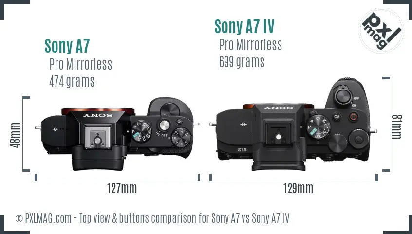 Sony A7 vs Sony A7 IV top view buttons comparison