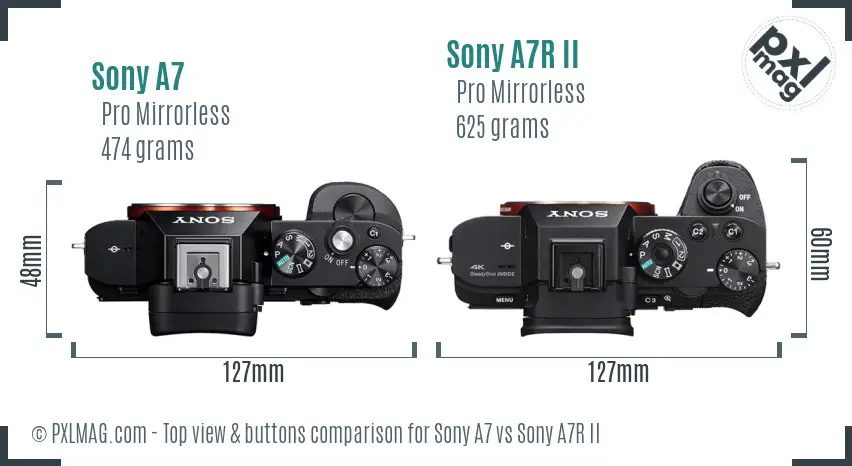 Sony A7 vs Sony A7R II top view buttons comparison