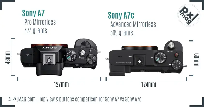 Sony A7 vs Sony A7c top view buttons comparison