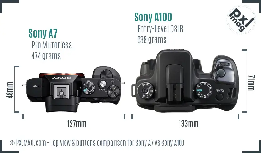 Sony A7 vs Sony A100 top view buttons comparison Sony A7 vs Sony A100 top view buttons comparison