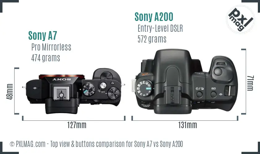 Sony A7 vs Sony A200 top view buttons comparison