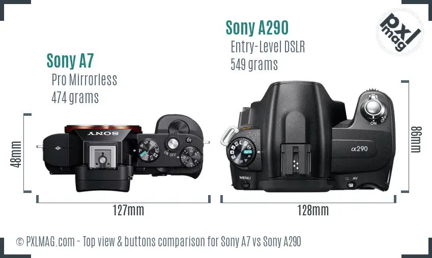 Sony A7 vs Sony A290 top view buttons comparison Sony A7 vs Sony A290 top view buttons comparison