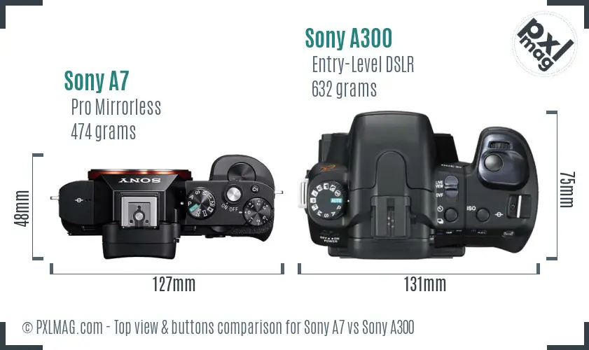 Sony A7 vs Sony A300 top view buttons comparison Sony A7 vs Sony A300 top view buttons comparison