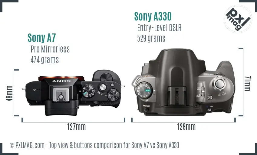 Sony A7 vs Sony A330 top view buttons comparison