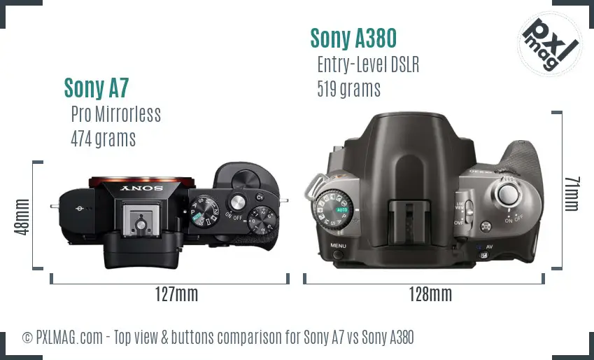Sony A7 vs Sony A380 top view buttons comparison Sony A7 vs Sony A380 top view buttons comparison