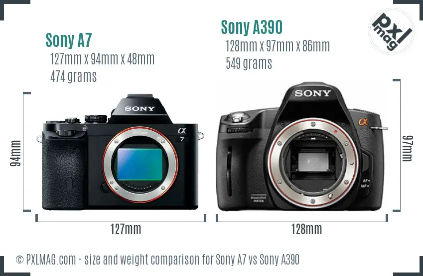 Sony A7 vs Sony A390 size comparison