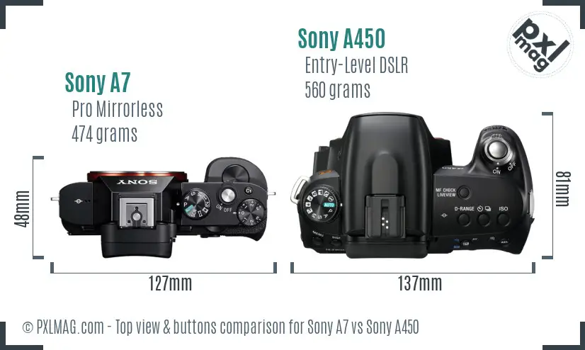 Sony A7 vs Sony A450 top view buttons comparison Sony A7 vs Sony A450 top view buttons comparison
