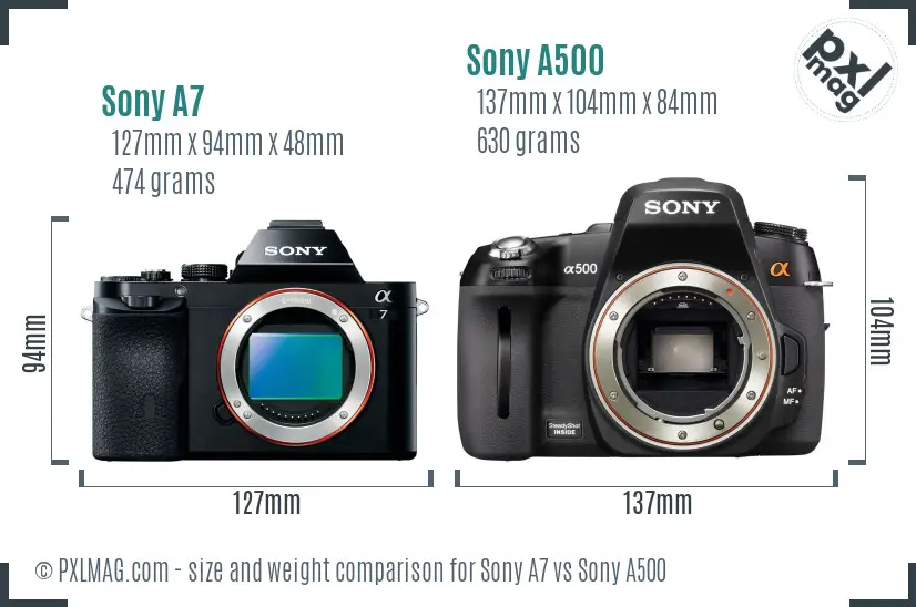 Sony A7 vs Sony A500 size comparison