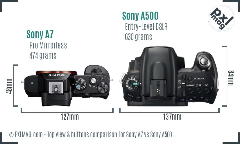 Sony A7 vs Sony A500 top view buttons comparison