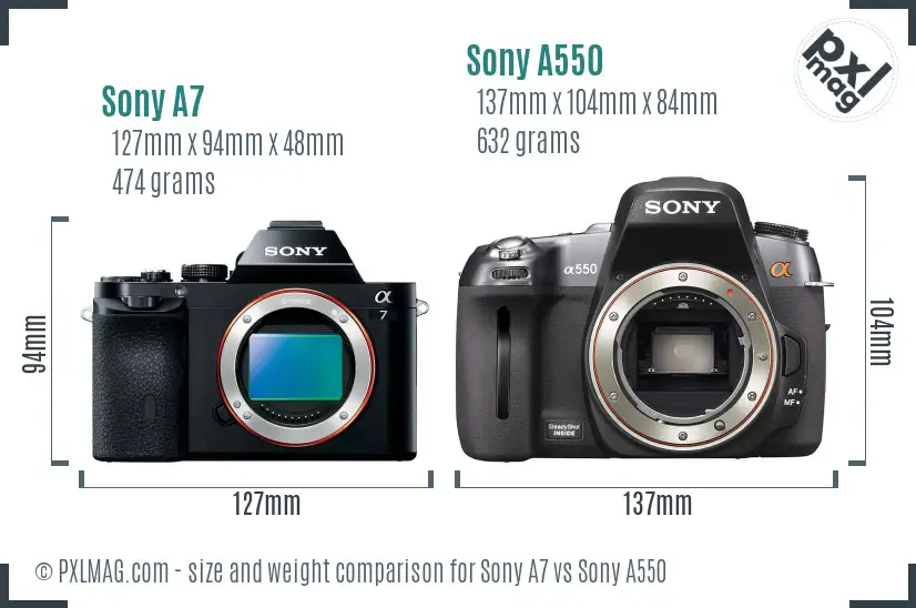 Sony A7 vs Sony A550 size comparison