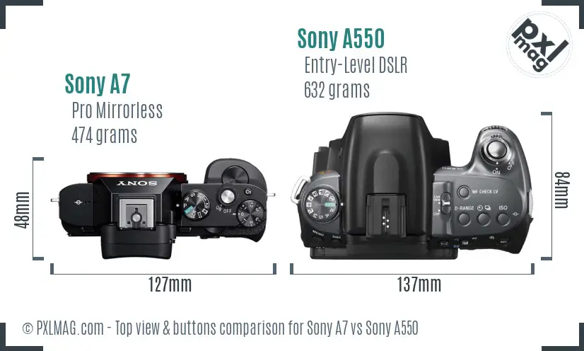 Sony A7 vs Sony A550 top view buttons comparison