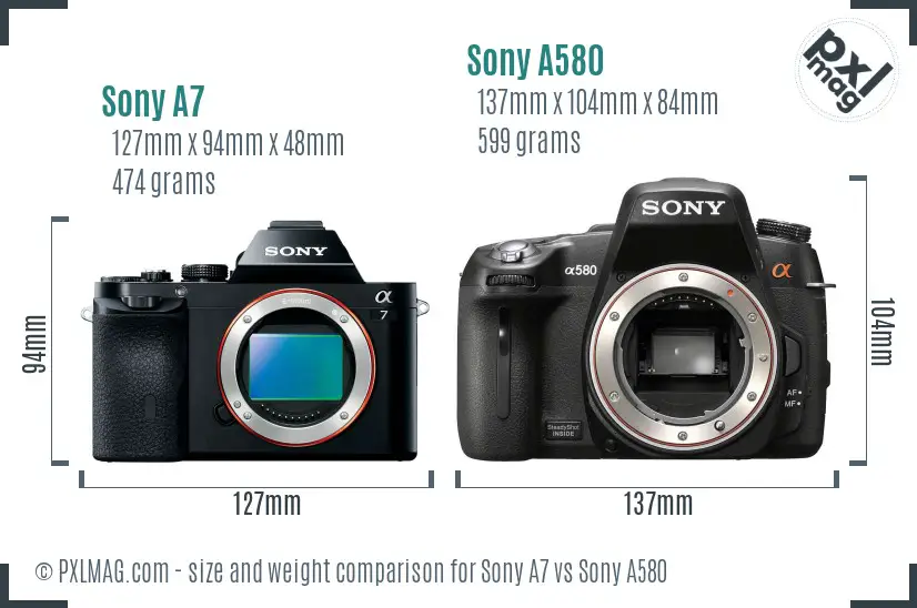 Sony A7 vs Sony A580 size comparison