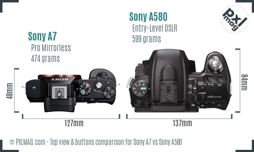 Sony A7 vs Sony A580 top view buttons comparison