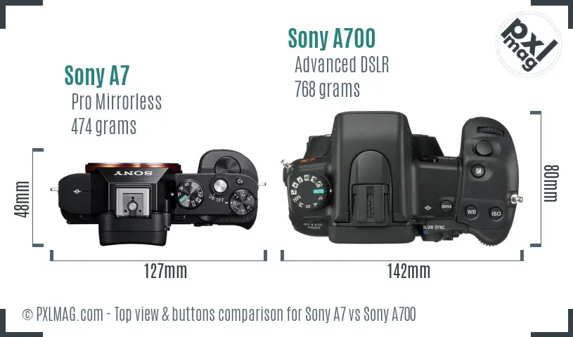 Sony A7 vs Sony A700 top view buttons comparison