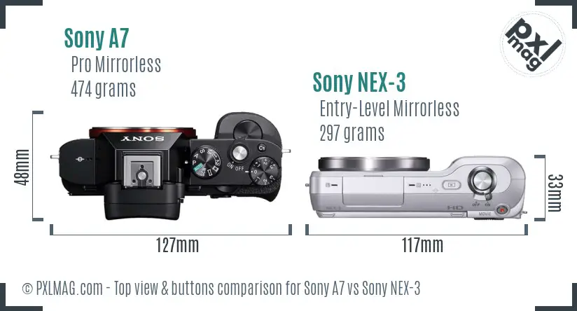 Sony A7 vs Sony NEX-3 top view buttons comparison