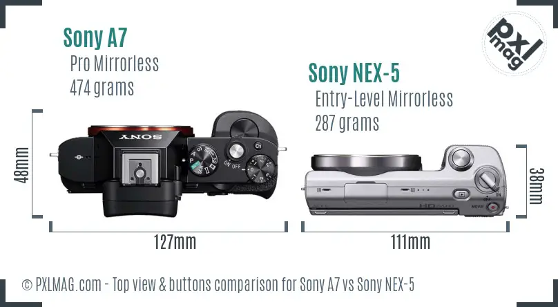 Sony A7 vs Sony NEX-5 top view buttons comparison