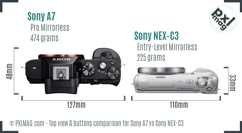 Sony A7 vs Sony NEX-C3 top view buttons comparison