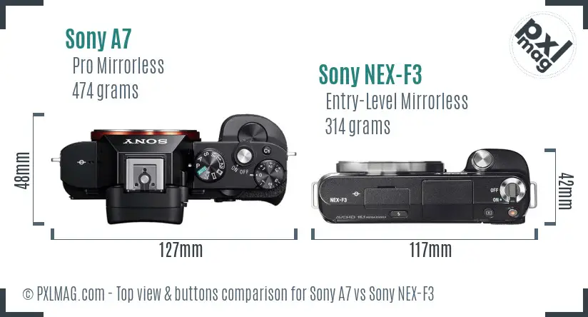 Sony A7 vs Sony NEX-F3 top view buttons comparison Sony A7 vs Sony NEX-F3 top view buttons comparison