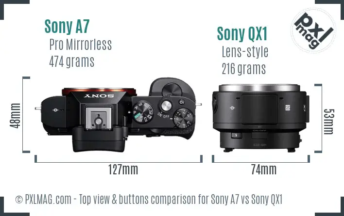 Sony A7 vs Sony QX1 top view buttons comparison