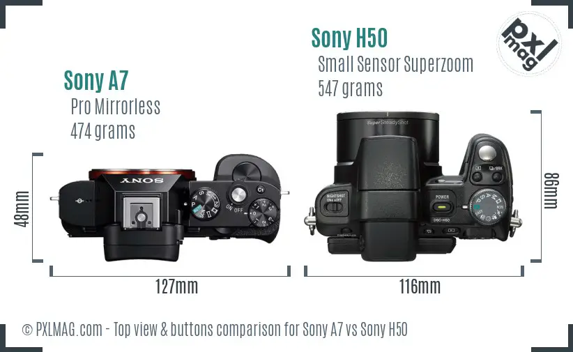 Sony A7 vs Sony H50 top view buttons comparison