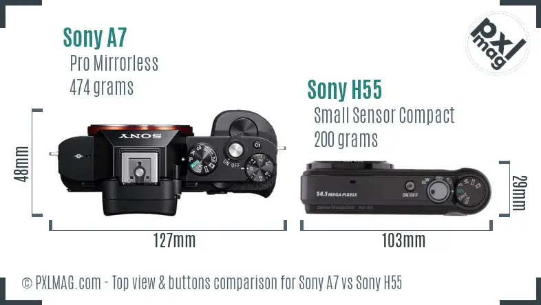 Sony A7 vs Sony H55 top view buttons comparison