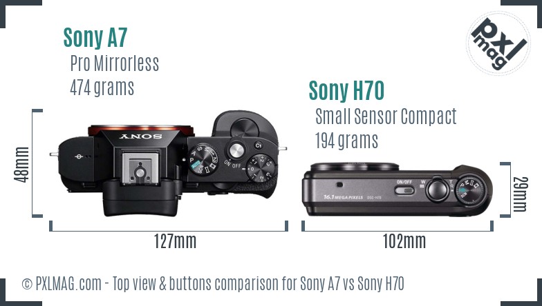 Sony A7 vs Sony H70 top view buttons comparison
