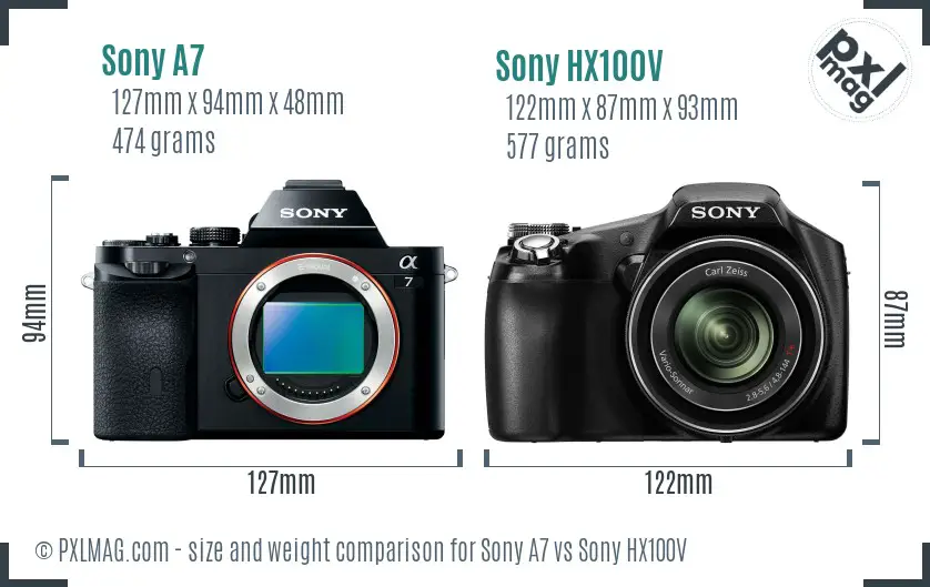 Sony A7 vs Sony HX100V size comparison