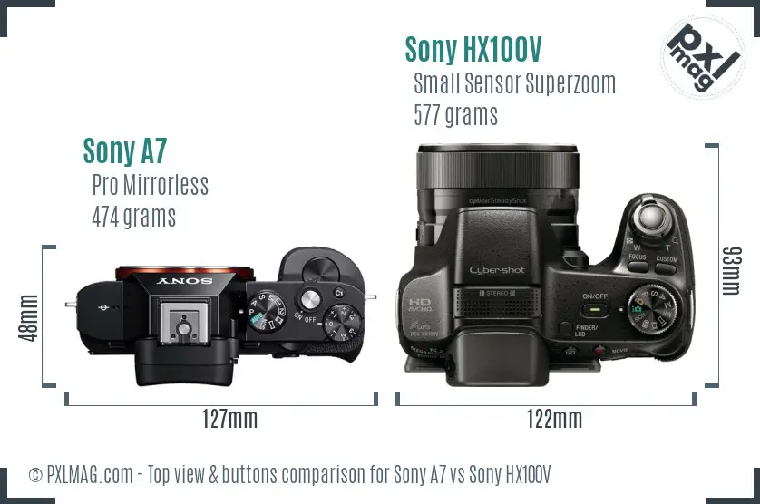 Sony A7 vs Sony HX100V top view buttons comparison