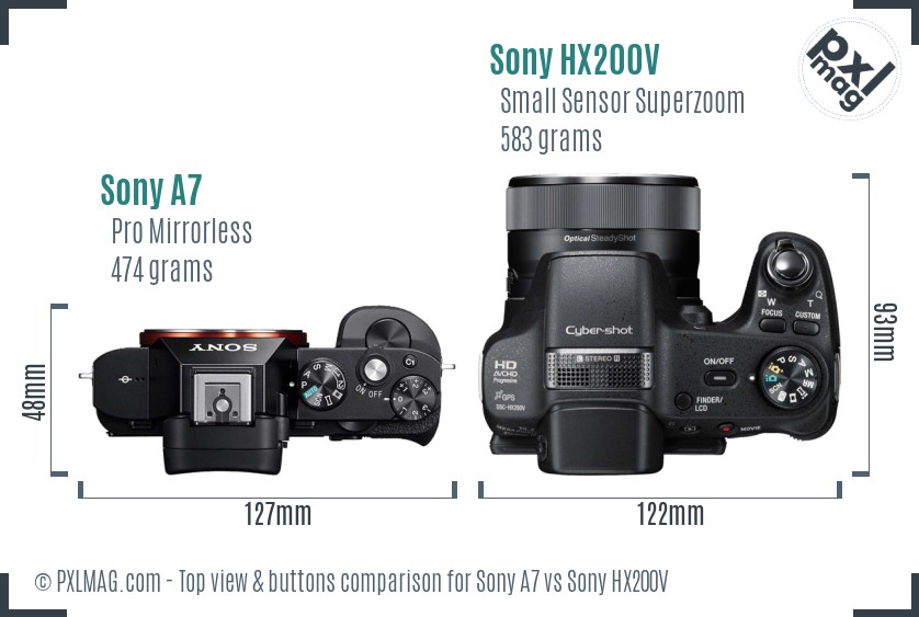 Sony A7 vs Sony HX200V top view buttons comparison