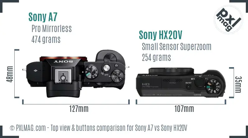 Sony A7 vs Sony HX20V top view buttons comparison