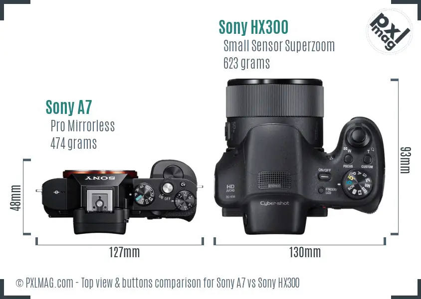 Sony A7 vs Sony HX300 top view buttons comparison Sony A7 vs Sony HX300 top view buttons comparison