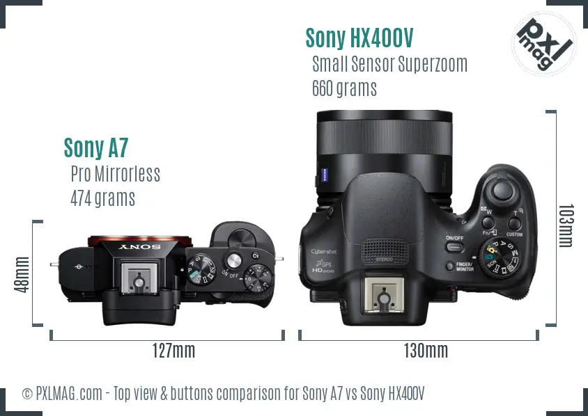 Sony A7 vs Sony HX400V top view buttons comparison Sony A7 vs Sony HX400V top view buttons comparison